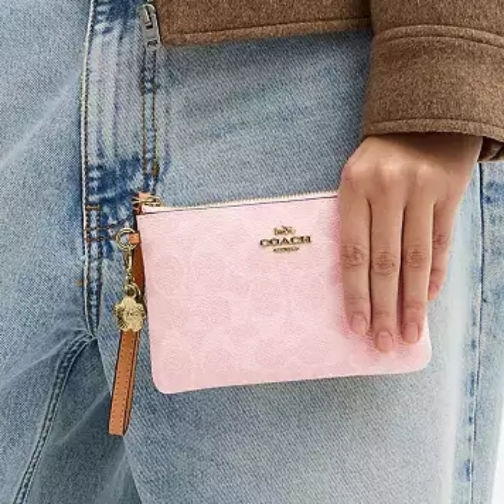 Coach Corner Zip Wristlet in Powder Pink Signature Canvas with Flower Charm - Picture 4 of 5